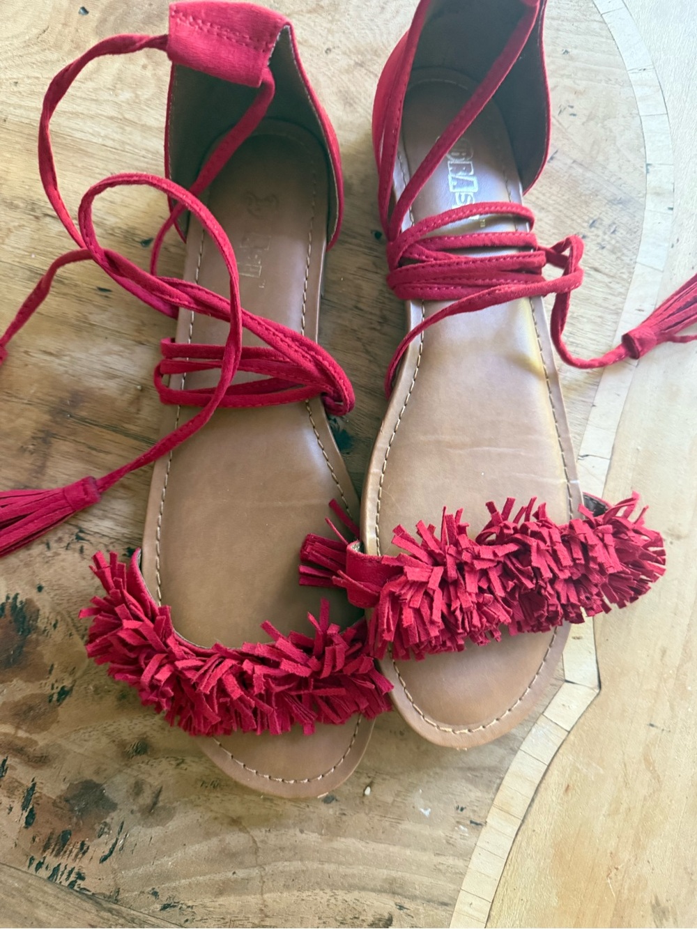 Brash Red Fringe Lace-Up Flats